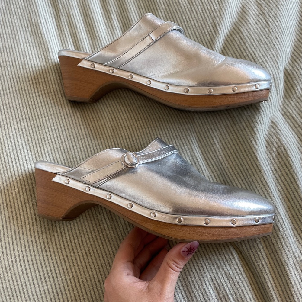 Women's Silver  Faux Leather Clog Mules with Faux Wood Heel